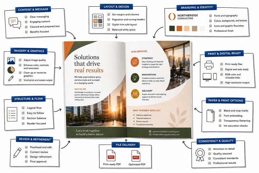 Brochure design process showing supplied content turned into polished brochure pages