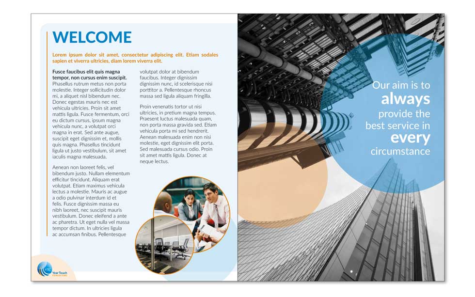 Full color brochure design with stylishly integrated text and graphics.