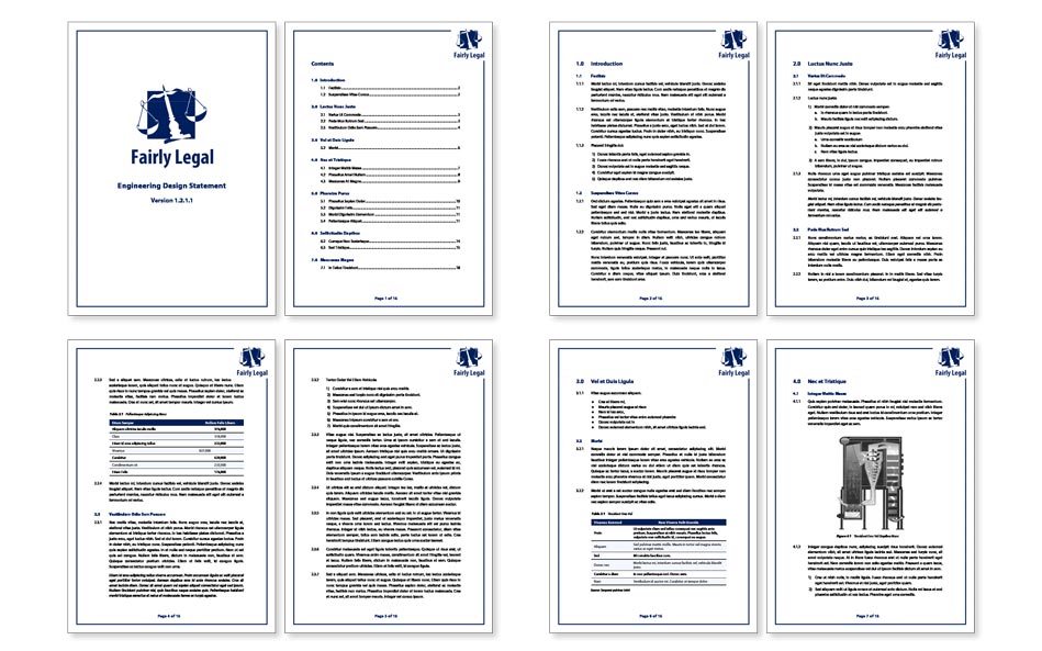 Formatted engineering design statement for legal firm with diagrams and tables.