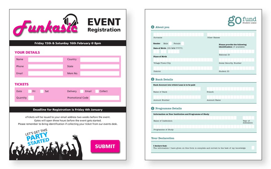 Funding form with field comb and digital signature. Event registration form with fields and submit button.