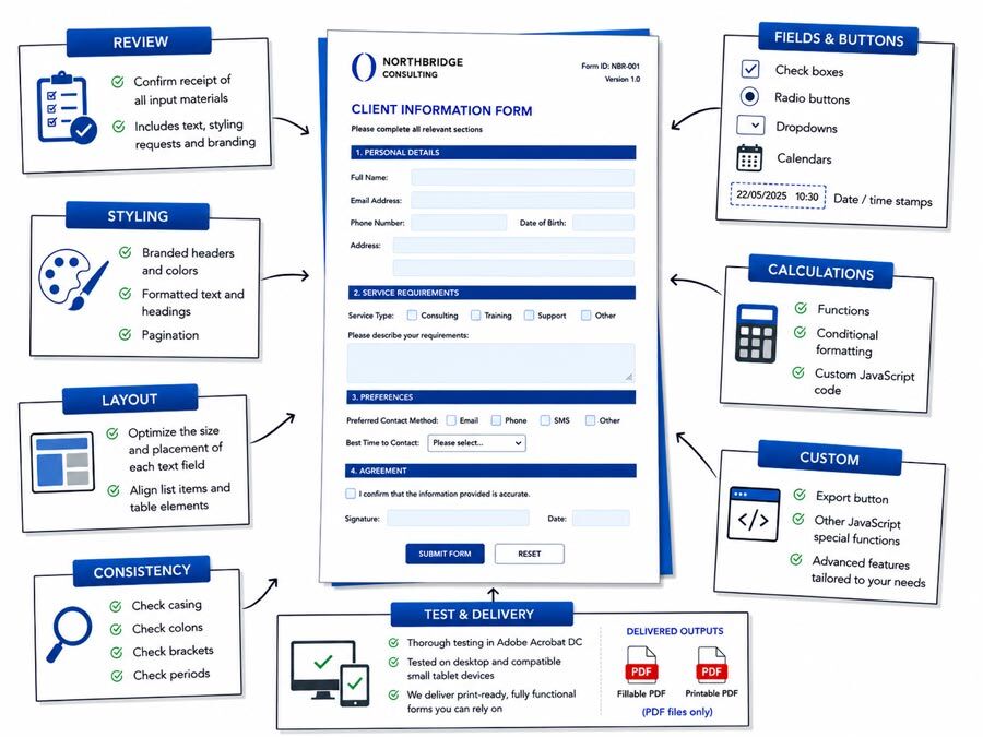 PDF form design process showing a static document turned into a clear fillable form