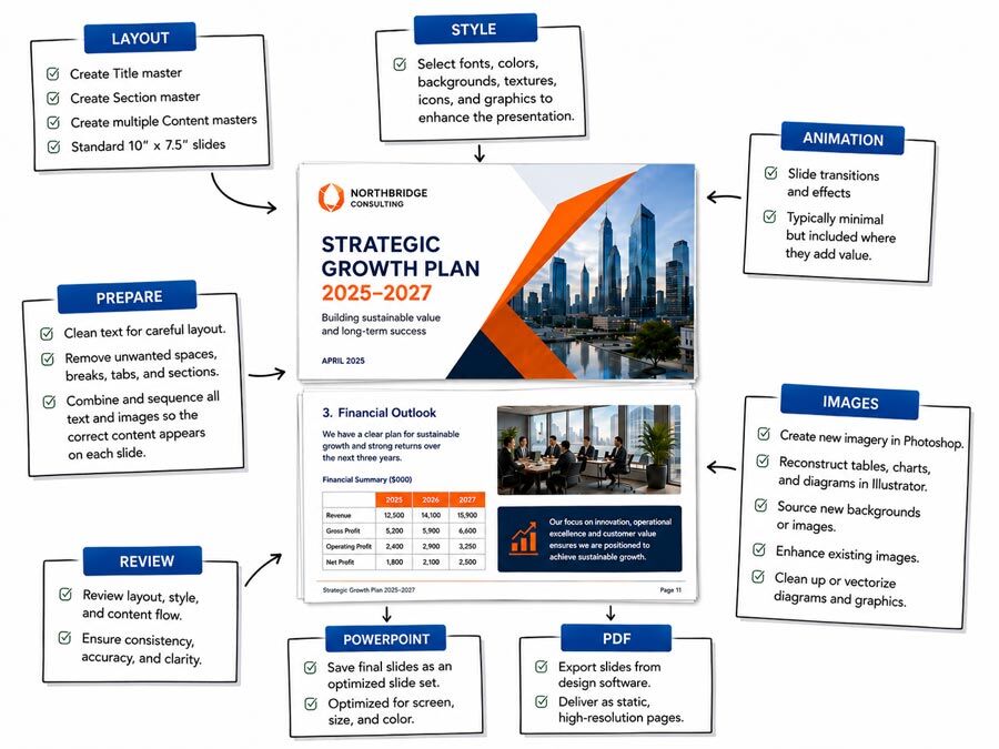 Presentation formatting process showing rough slides turned into a polished PowerPoint deck