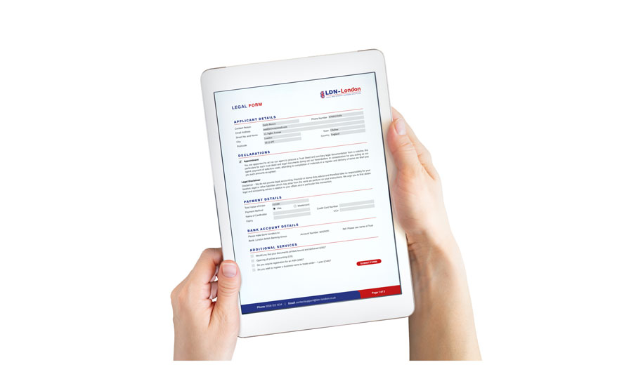 Person holding tablet showing pdf of application for legal firm with fillable fields.